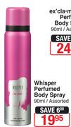 Whisper Perfumed Body Spray Assorted-90ml 