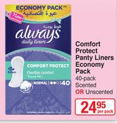 Always Comfort Protect Panty Liners Economy Pack 40 Pack Scented Or Unscented-Per Pack