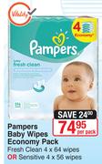 Pampers Baby Wipes Economy Pack Fresh Clean 4 x Wipes Or Sensitive 4 x 56 Wipes-Per Pack