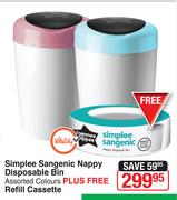 Tommee Tippee Simplee Sangenic Nappy Disposable Bin Assorted Colours Plus Free Refill Cassette