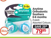 Tommee Tippee Anytime Orthodontic Soothers 0-6 Months 2 Pack Assorted Colours