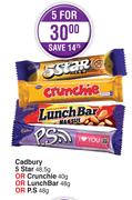 Cadbury 5 Star-48.5g Or Crunchie-40g Or Lunch Bar-48g Or P.S-48g-For 5