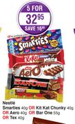 Nestle Smarties-40g Or Kitkat Chunky-40g Or Aero-40g Or Bar One-55g Or Tex-40g-For 5