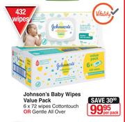 Johnson's Baby Wipes Value Pack Cottontouch Or Gentle All Over-6x72 Wipes Per Pack