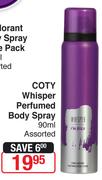 Coty Whisper Perfumed Body Spray-90ml Each