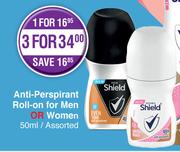 Shield Anti Perspirant Roll On For Men Or Women-50ml Each