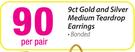 9ct Gold & Silver Medium Teardrop Earrings Bonded-Per Pair