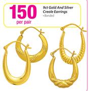 9ct Gold & Silver Creole Earrings Bonded-Per Pair