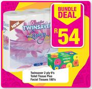 Twinsaver 2-Ply 9's Toilet Tissue Plus Facial Tissues-180's