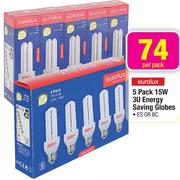 Eurolux 5 Pack 15W 3U Energy Saving Globes-Per Pack