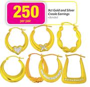 9ct Gold And Silver Creole Earrings-Per Pair