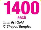  4mm 9ct Gold 'C' Shaped Bangles-Each