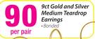 9ct Gold And Silver Medium Teardrop Earrings Bonded- Per Pair