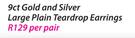 9ct Gold And Silver Large Plain Teardrops Earrings Per Pair