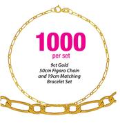 9ct Gold 50cm Figaro Chain And 19cm Matching Bracelet Set-Per Set