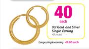 9ctGold & Silver Single Bonded Earring-Each