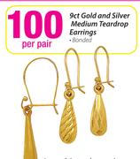 9ctGold & Silver Large Plain Teardrop Bonded Earring-Per Pair