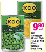 Koo Sweetcorn Cream Style 410g Or Koo Fresh Garden Peas 410g Each