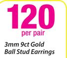 9ct Gold Ball Stud Earrings-3mm Per Pair