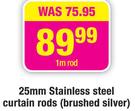 25mm Stainless Steel Curtain Rods(Brushed Silver)-1m