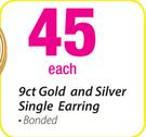 9ct Gold And Silver Single Earring Bonded Each