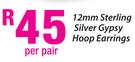 12mm Sterling Silver Gypsy Hoop Earrings-Per Pair