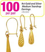 9ct Gold And Silver Medium Teardrop Earrings Bonded-Per Pair