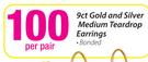 9ct Gold And Silver Medium Teardrop Earrings Per Pair