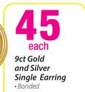 JCSA 9ct Gold And Silver Single Earring Bonded-Each