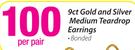 9ct Gold and Silver Medium Teardrop Earrings-Per Pair
