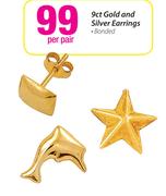 9ct Gold and Silver Earrings-Per Pair