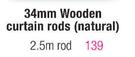 Decorland 34mm Wooden Curtain Rods(Natural)-2.5m Rod