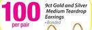 9ct Gold And Silver Bonded Medium Teardrop Earrings-Per Pair