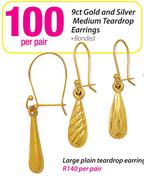 9ct Gold And Silver Large Plain Teardrop Earrings-Per Pair