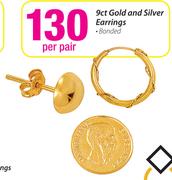 9ct Gold And Silver Bonded Earrings-Per Pair