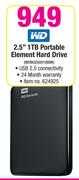 WD 2.5" 1TB Portable Element Hard Drive-WDBUZG0010BBK