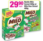 Nestle Milo Cereal-500gm or Milo Duo Cereal-480gm Each