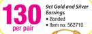 9ct Gold & Sliver Earrings Bonded-Per Pair
