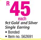 9ct Gold & Sliver Single Earring Bonded-Each