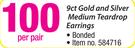 9ct Gold & Sliver Medium Teardrop Earrings Bonded-Per Pair