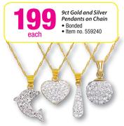 9ct Gold & Sliver Pendants On Chain-Each
