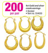9ct Gold & Sliver Creole Earrings Bonded-Per Pair