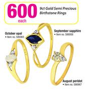 9ct Gold Semi Precious Birthstone Rings-Each
