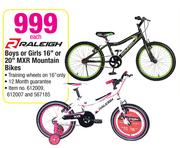 Raleigh Boys Or Girls 16" Or 20" MXR Mountain Bikes-Each