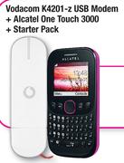Vodacom K4201-Z USB Modem+Alcatel One Touch 3000+Starter Pack-On STD MyMeg 500