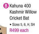 Kahuna 400 Kashmir Willow Cricket Bat Sizes 5,6,H,SH-Each
