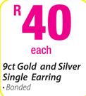 9ct Gold and Silver Single Earring Each