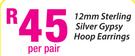 12mm Sterling Silver Gypsy Hoop Earrings-Per Pair