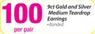 9ct Gold and Silver Medium Teardrop Earrings-Per Pair