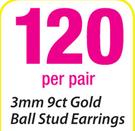 3mm 9ct Gold Ball Stud Earrings-Per Pair/